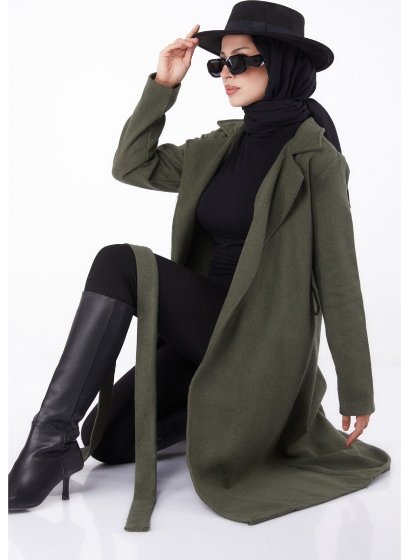 Plain Double Breasted Women's Khaki Cashmere Coat - 13287