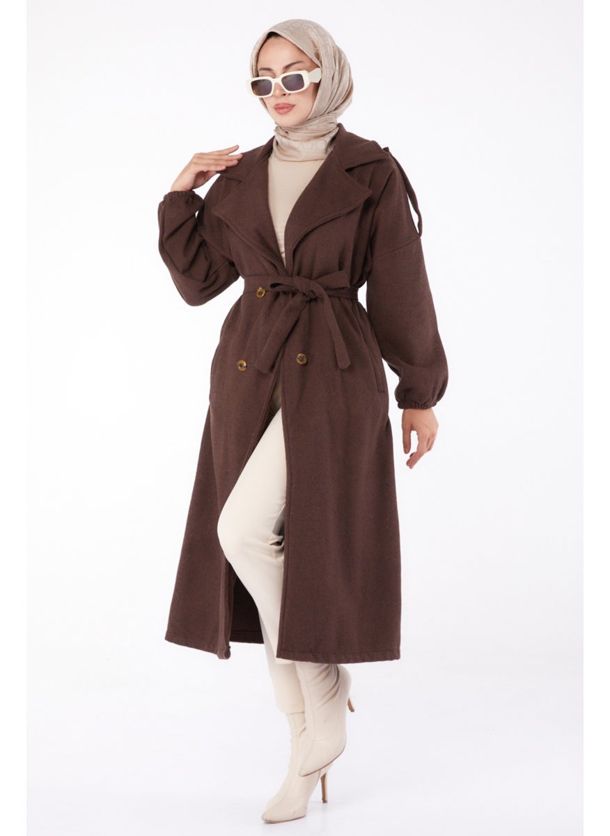 Plain Double Breasted Women's Brown Cashmere Coat - 13288