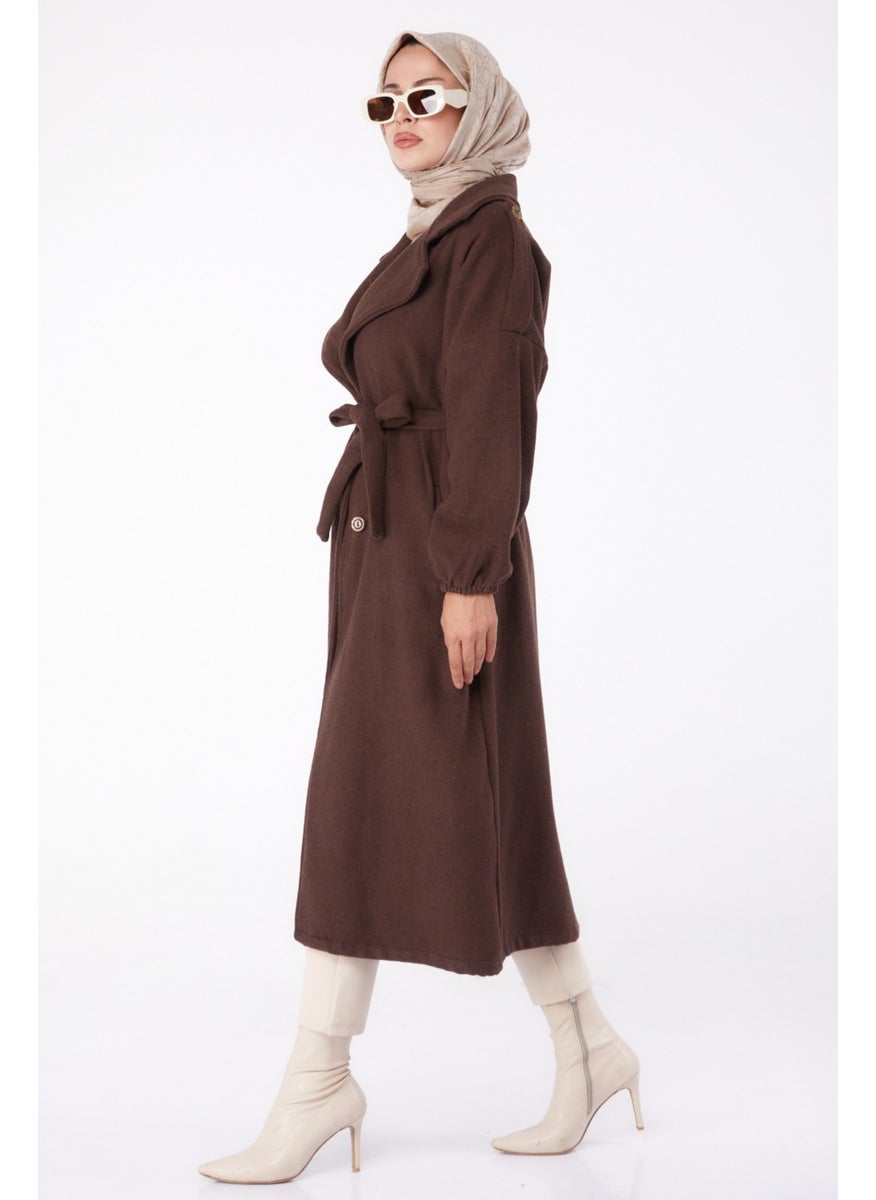 Plain Double Breasted Women's Brown Cashmere Coat - 13288