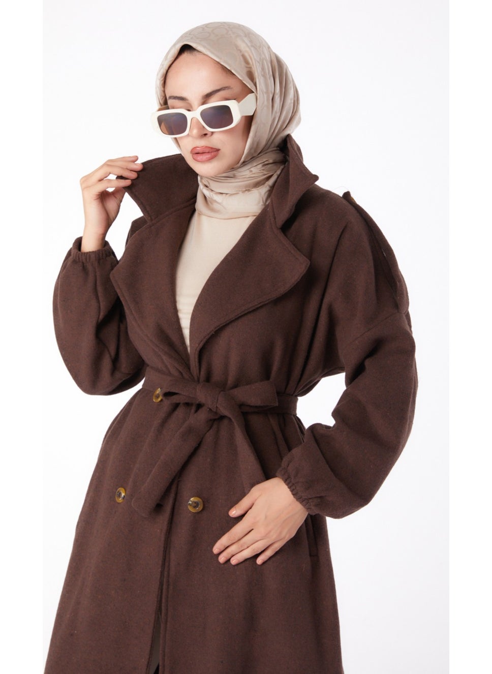 Plain Double Breasted Women's Brown Cashmere Coat - 13288