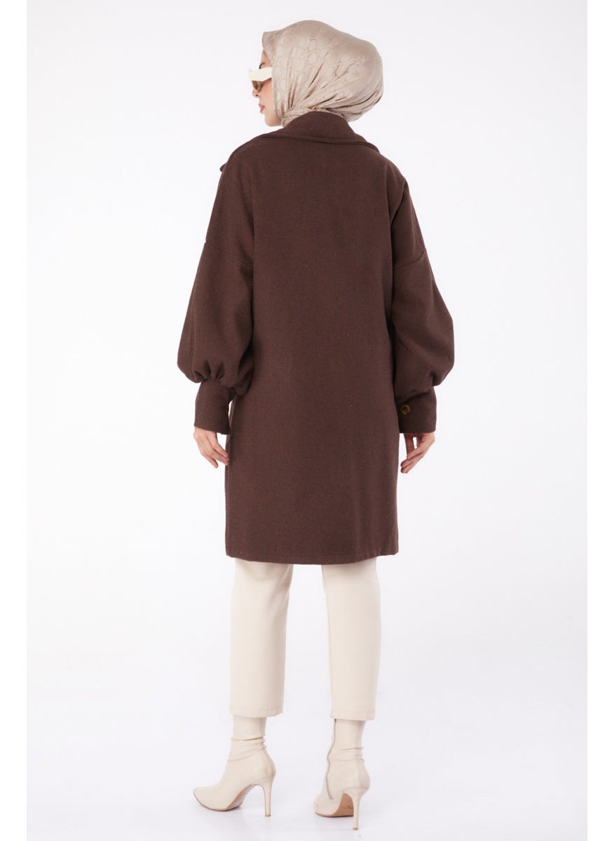 Plain Double Breasted Women's Brown Cashmere Coat - 13289