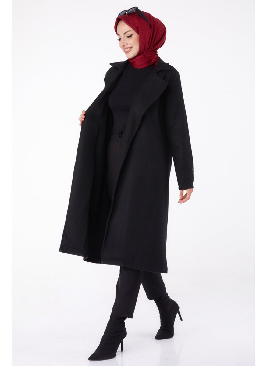 Plain Double Breasted Women's Black Cashmere Coat - 13287