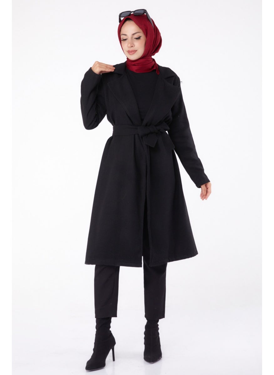 Plain Double Breasted Women's Black Cashmere Coat - 13287