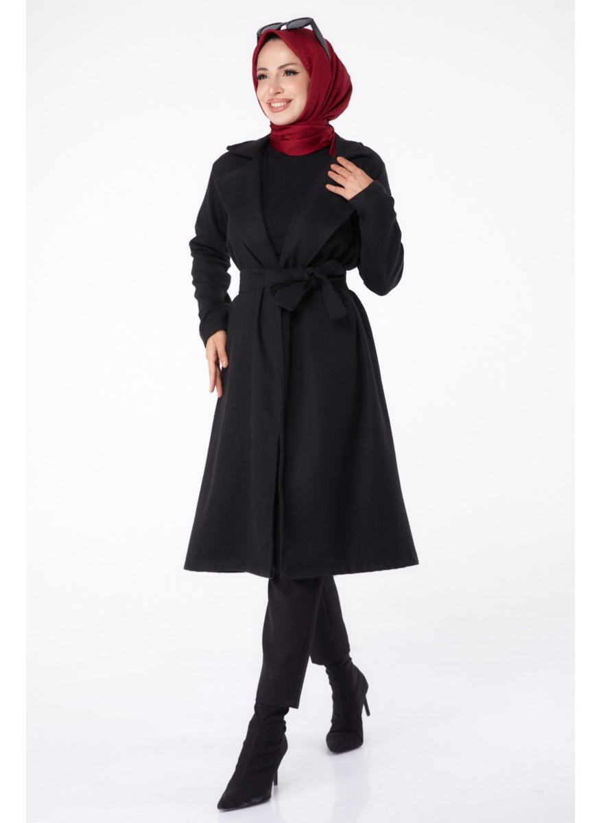 Plain Double Breasted Women's Black Cashmere Coat - 13287