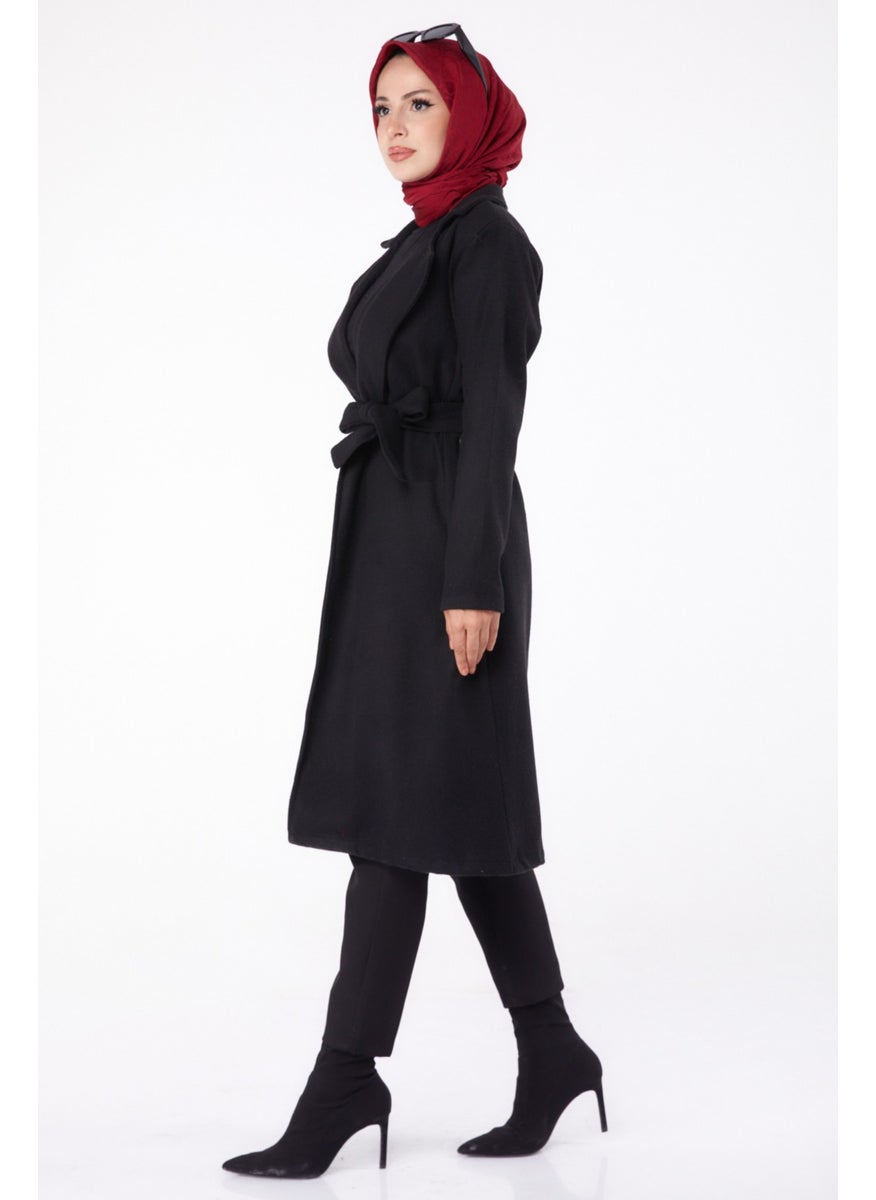 Plain Double Breasted Women's Black Cashmere Coat - 13287