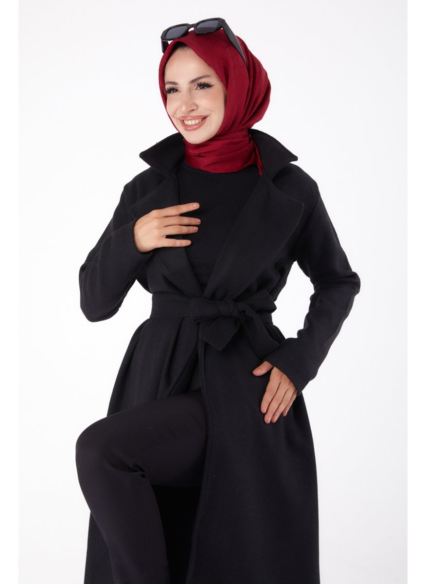 Plain Double Breasted Women's Black Cashmere Coat - 13287