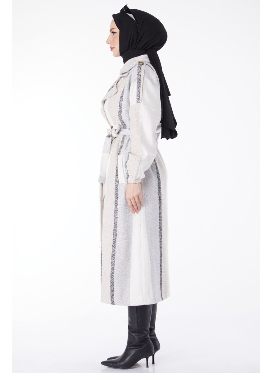 Plain Jacket Collar Women's Beige Belted Cashmere Coat - 13135