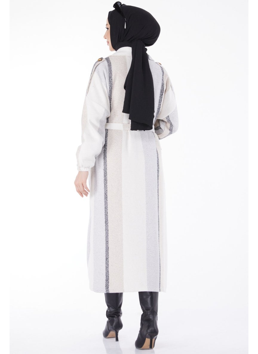 Plain Jacket Collar Women's Beige Belted Cashmere Coat - 13135