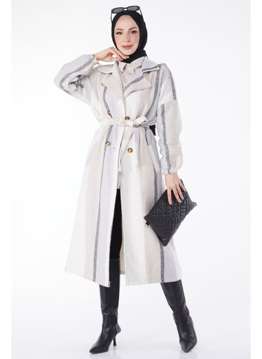 Plain Jacket Collar Women's Beige Belted Cashmere Coat - 13135