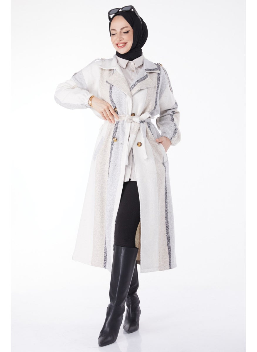 Plain Jacket Collar Women's Beige Belted Cashmere Coat - 13135