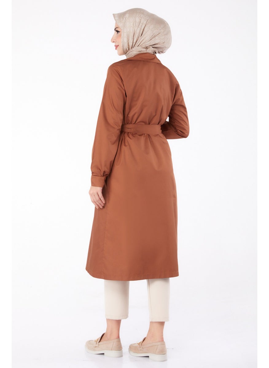 Plain Shirt Collar Women's Brown Trench Coat - 11012