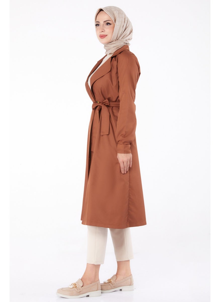 Plain Shirt Collar Women's Brown Trench Coat - 11012