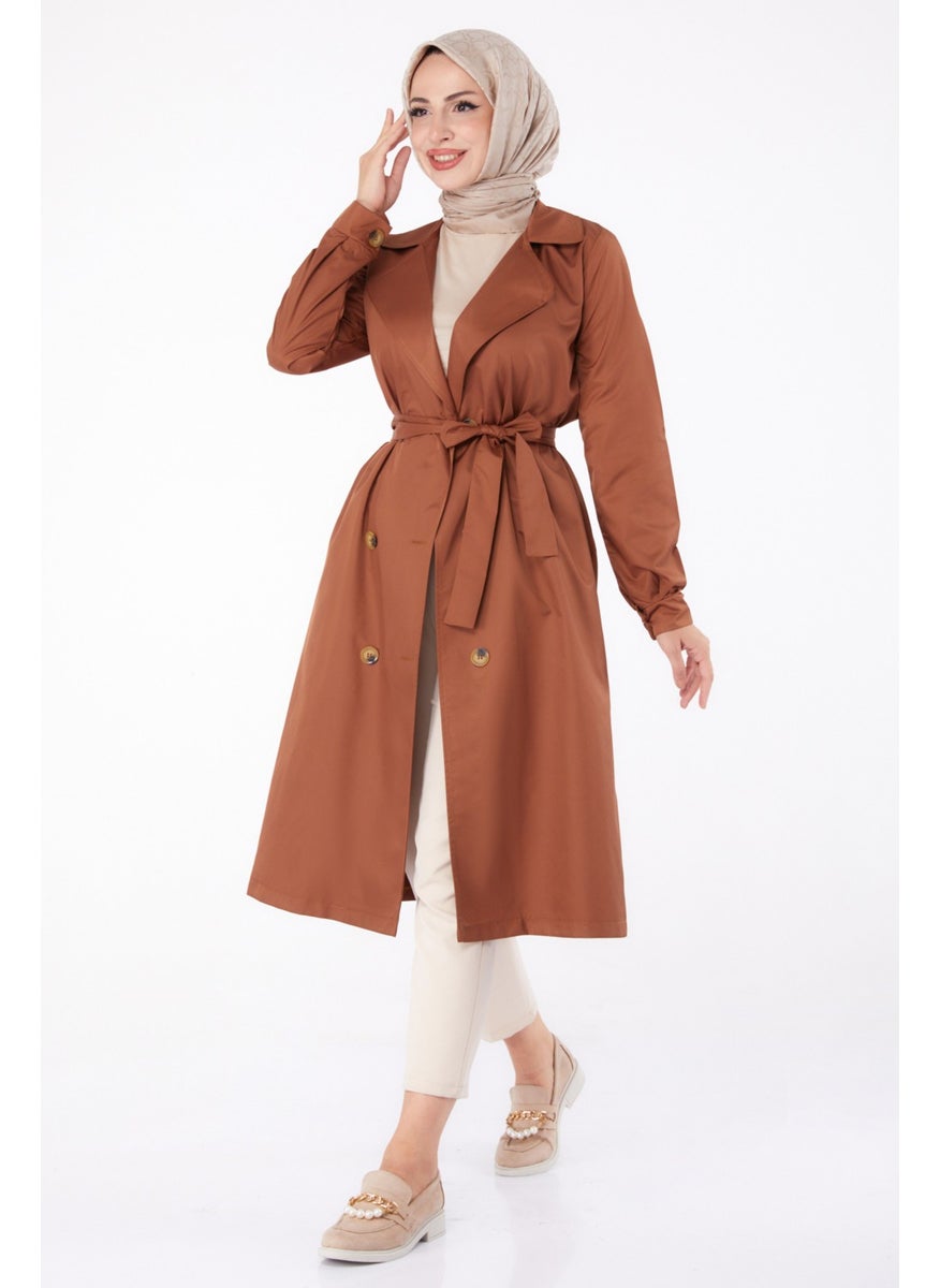 Plain Shirt Collar Women's Brown Trench Coat - 11012