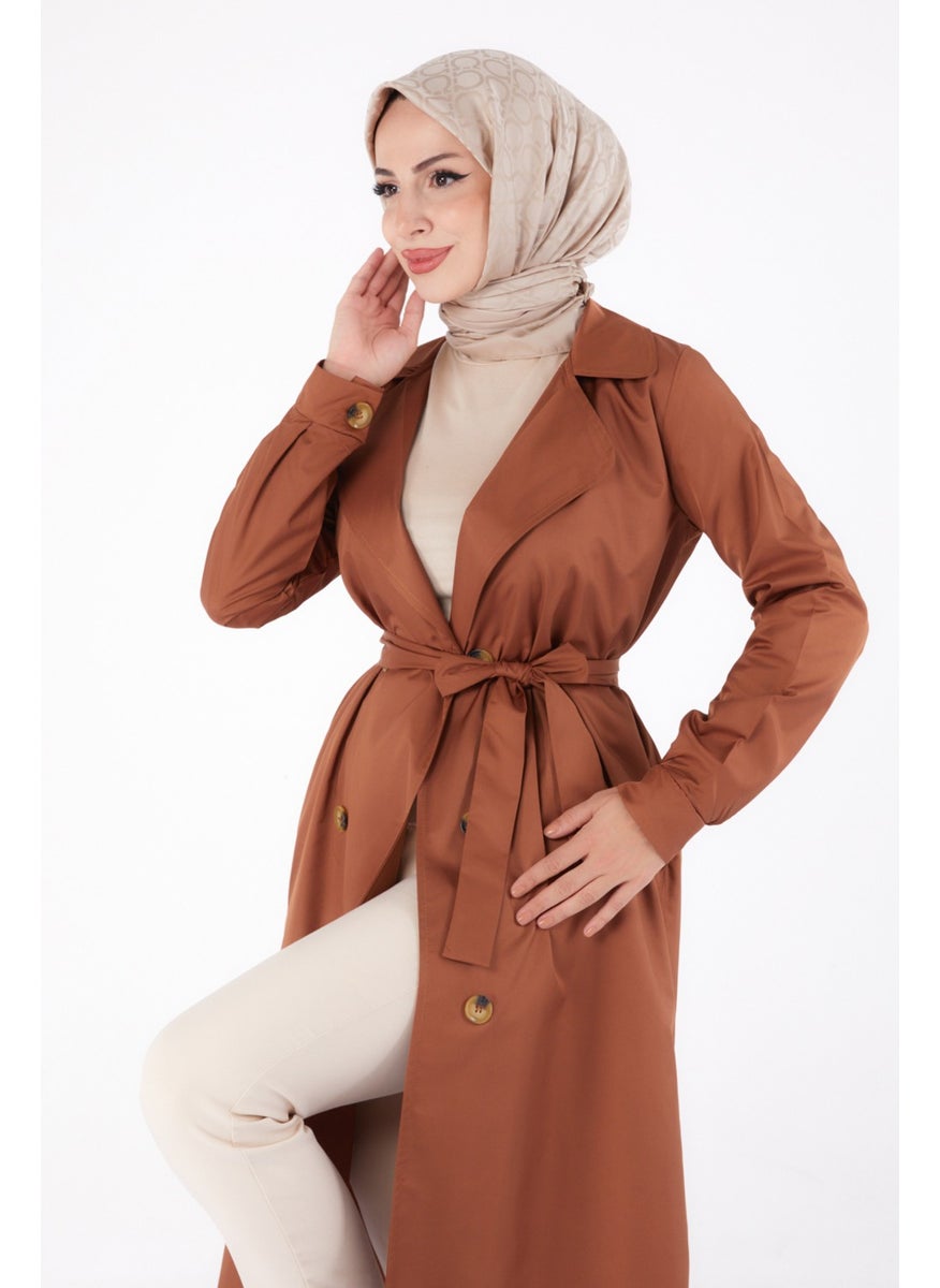 Plain Shirt Collar Women's Brown Trench Coat - 11012