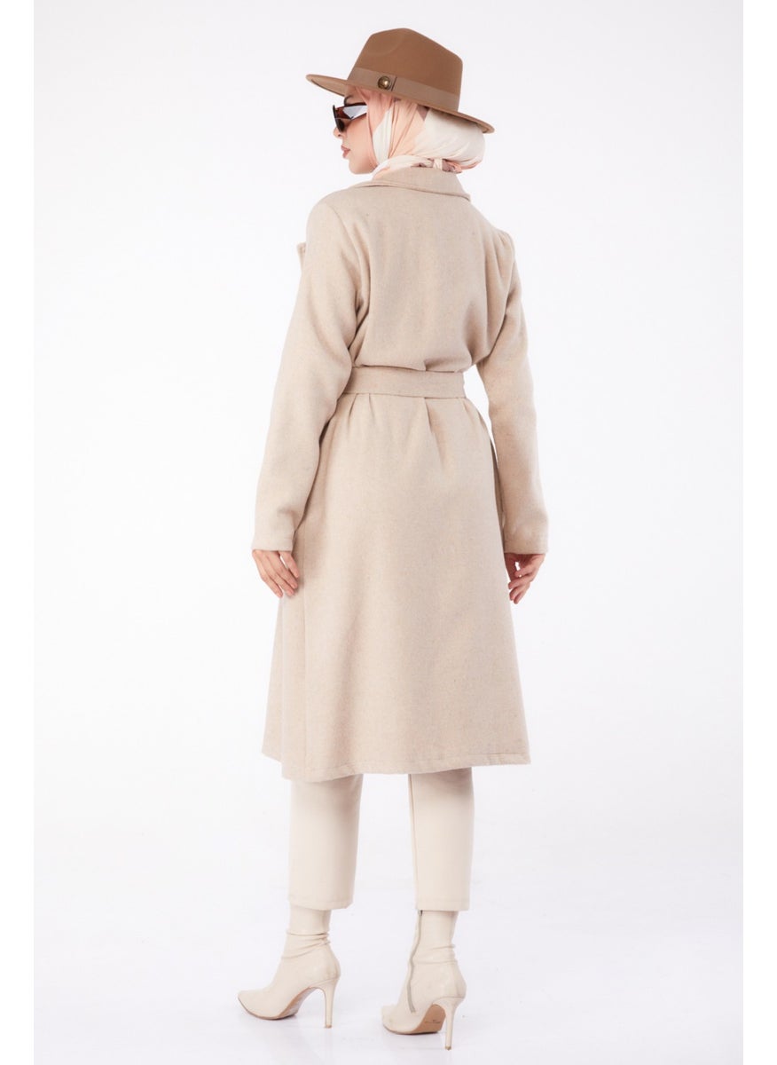 Plain Double Breasted Women's Beige Cashmere Coat - 13287