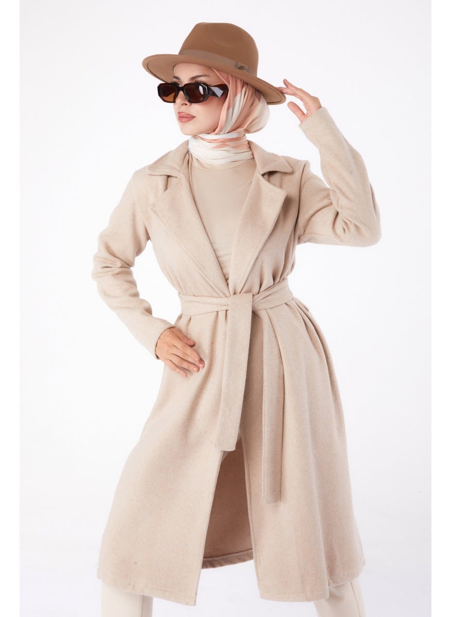 Plain Double Breasted Women's Beige Cashmere Coat - 13287