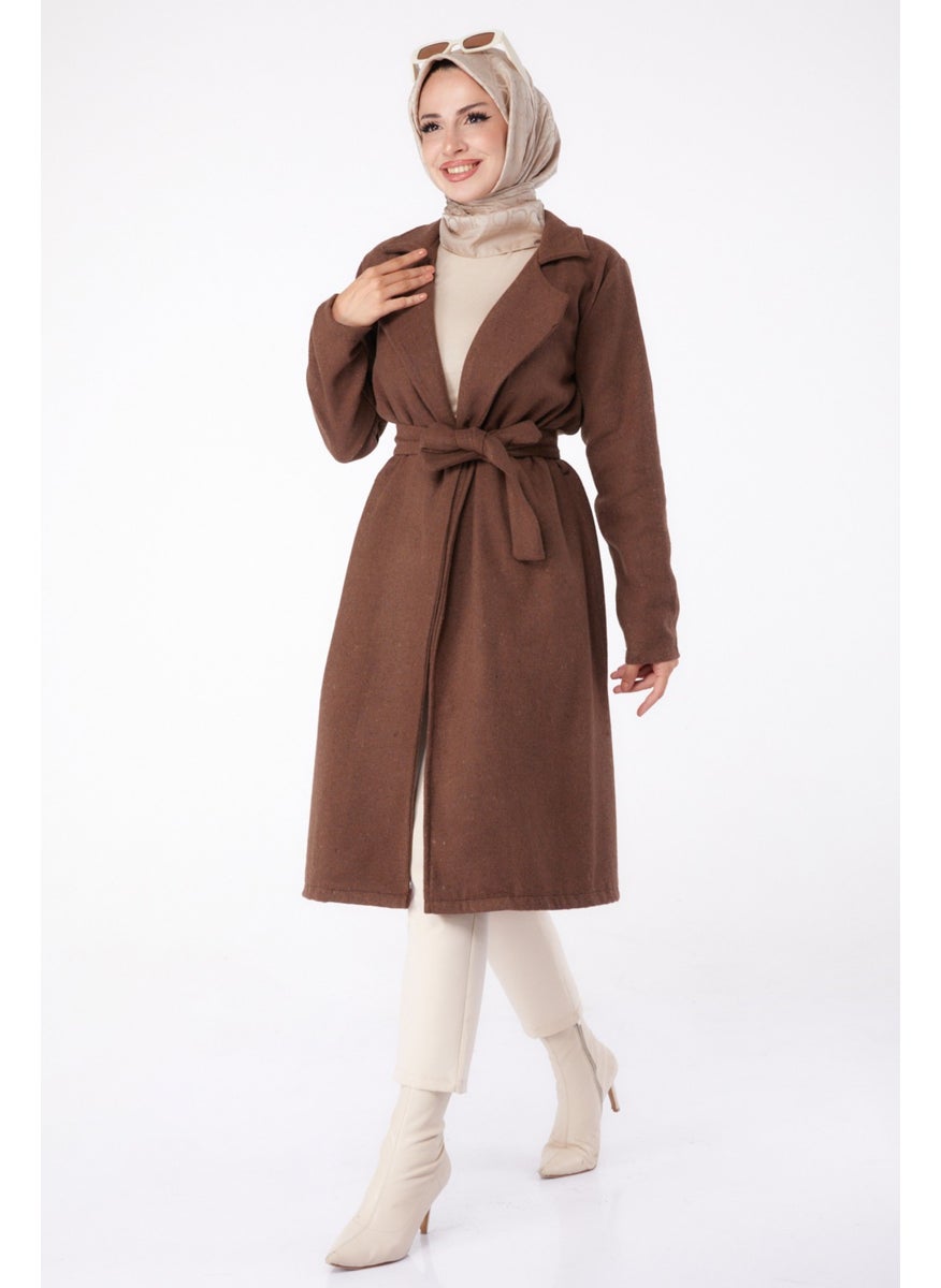 Plain Double Breasted Women's Brown Cashmere Coat - 13287