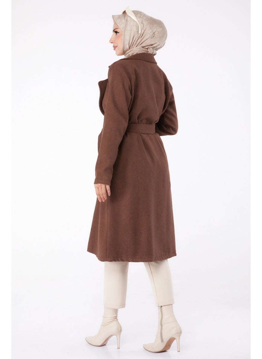 Plain Double Breasted Women's Brown Cashmere Coat - 13287