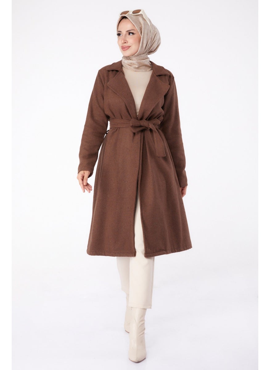 Plain Double Breasted Women's Brown Cashmere Coat - 13287