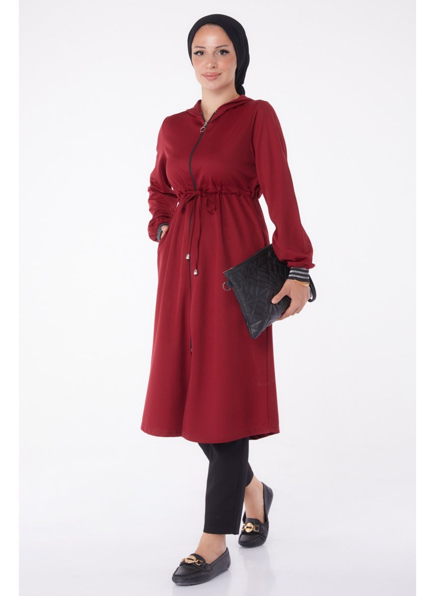 Plain Hooded Collar Women's Claret Red Cape - 13050