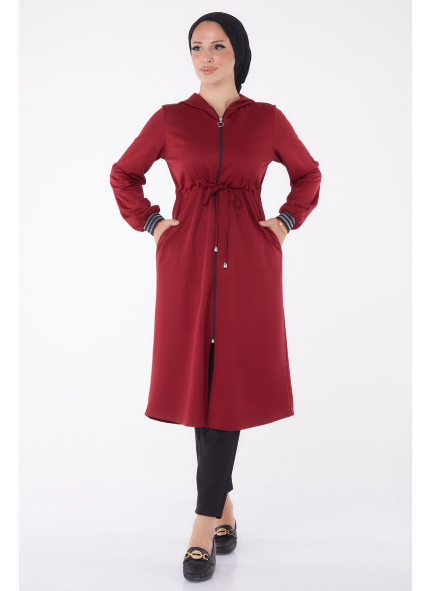 Plain Hooded Collar Women's Claret Red Cape - 13050