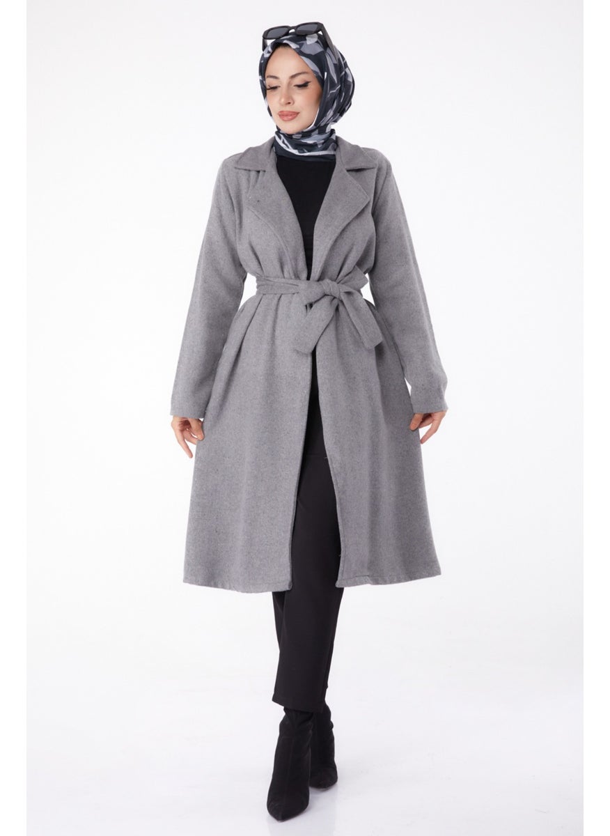 Plain Double Breasted Women's Gray Cashmere Coat - 13287