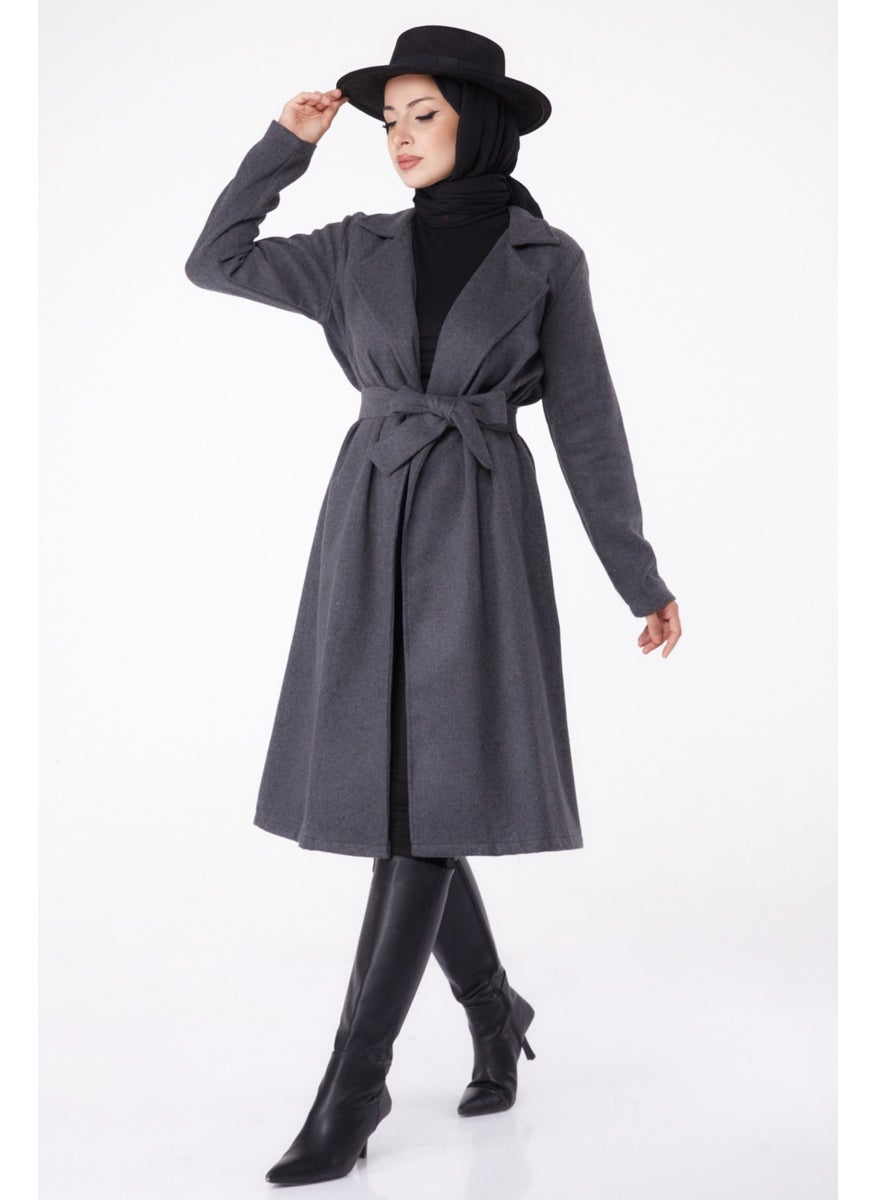 Plain Double Breasted Women's Anthracite Cashmere Coat - 13287