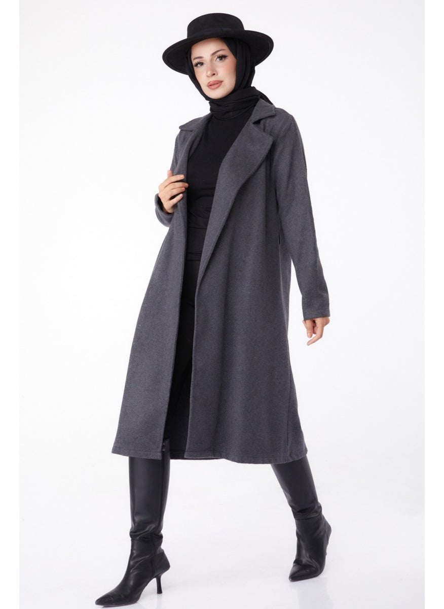 Plain Double Breasted Women's Anthracite Cashmere Coat - 13287