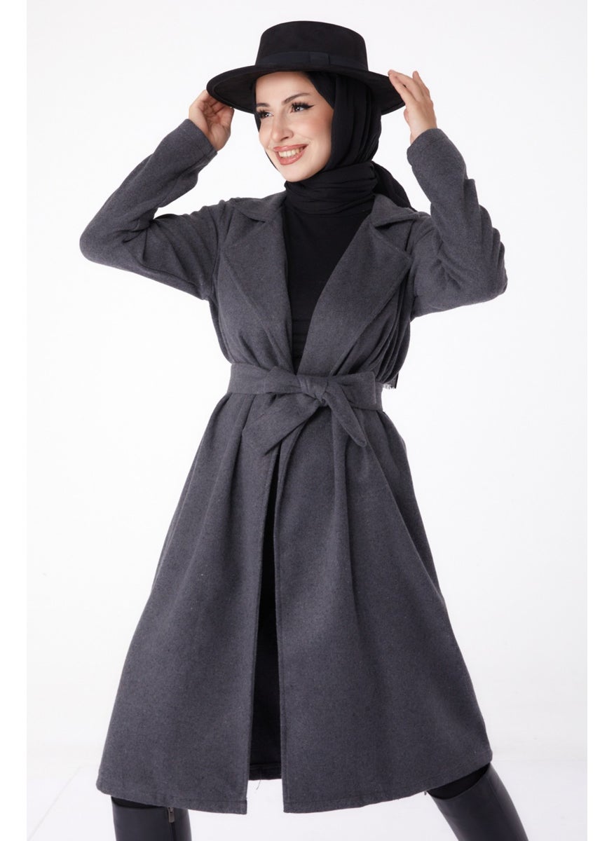 Plain Double Breasted Women's Anthracite Cashmere Coat - 13287