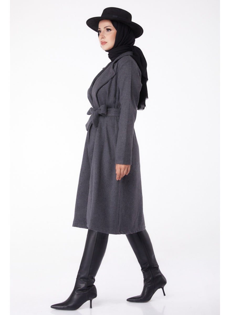 Plain Double Breasted Women's Anthracite Cashmere Coat - 13287