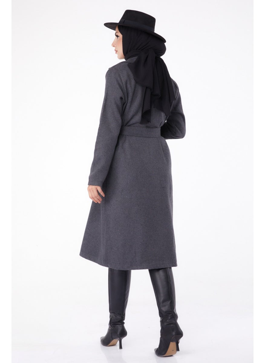 Plain Double Breasted Women's Anthracite Cashmere Coat - 13287