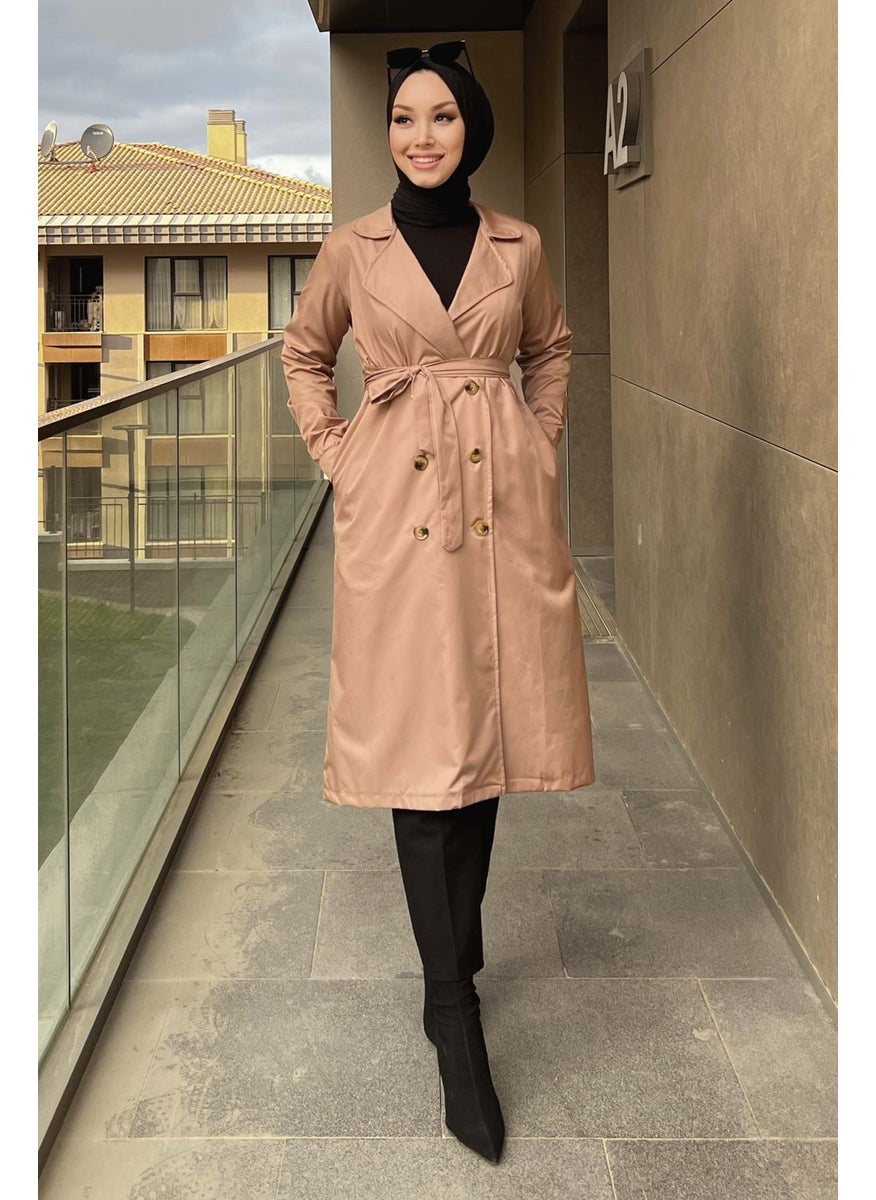 Plain Shirt Collar Women's Mink Trench Coat - 11012