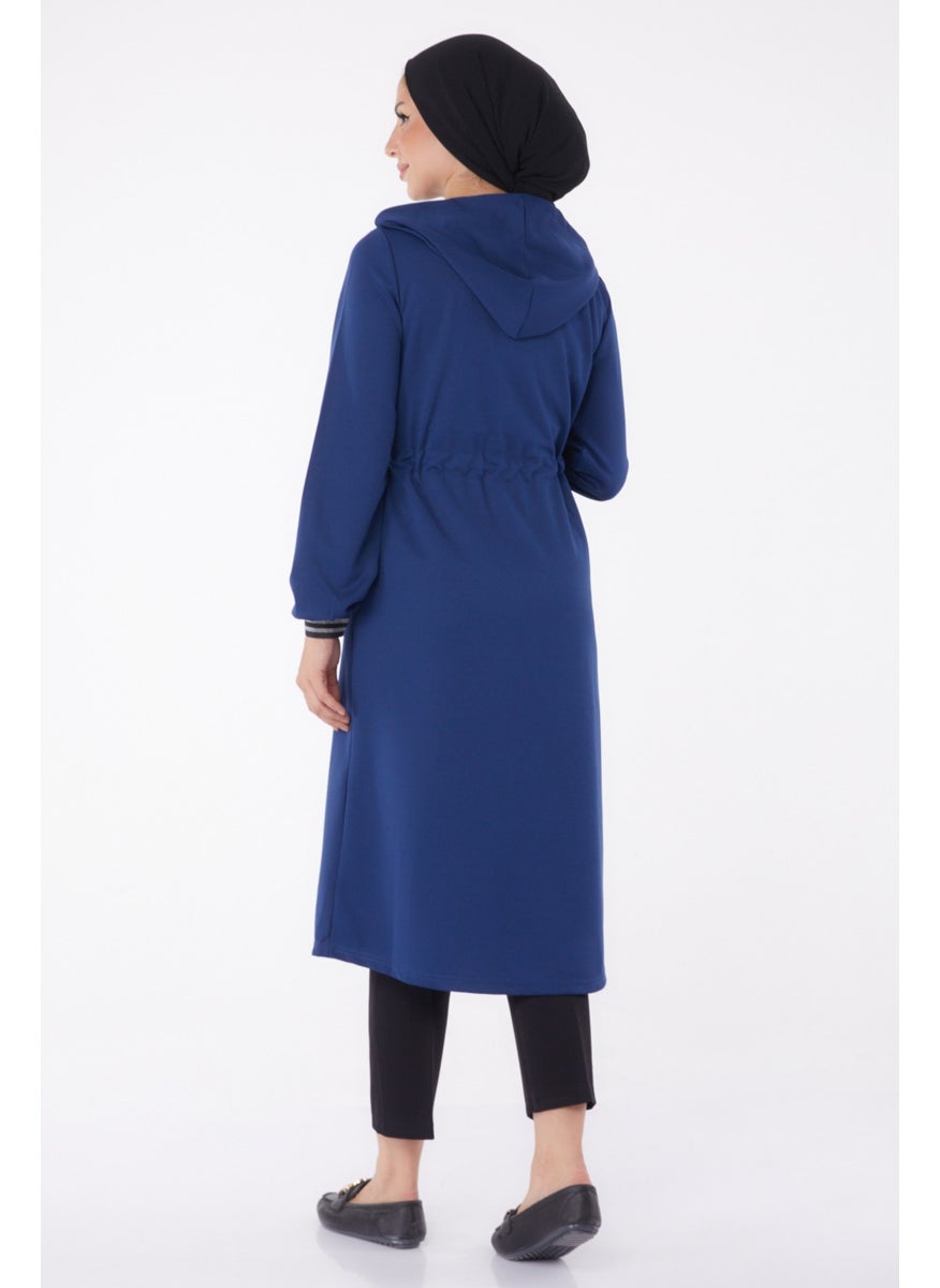 Plain Hooded Collar Women's Navy Blue Coat - 13050