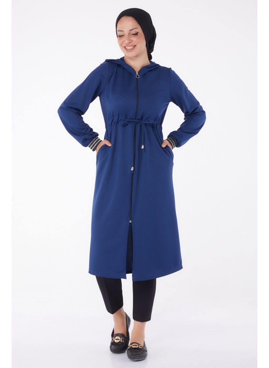 Plain Hooded Collar Women's Navy Blue Coat - 13050