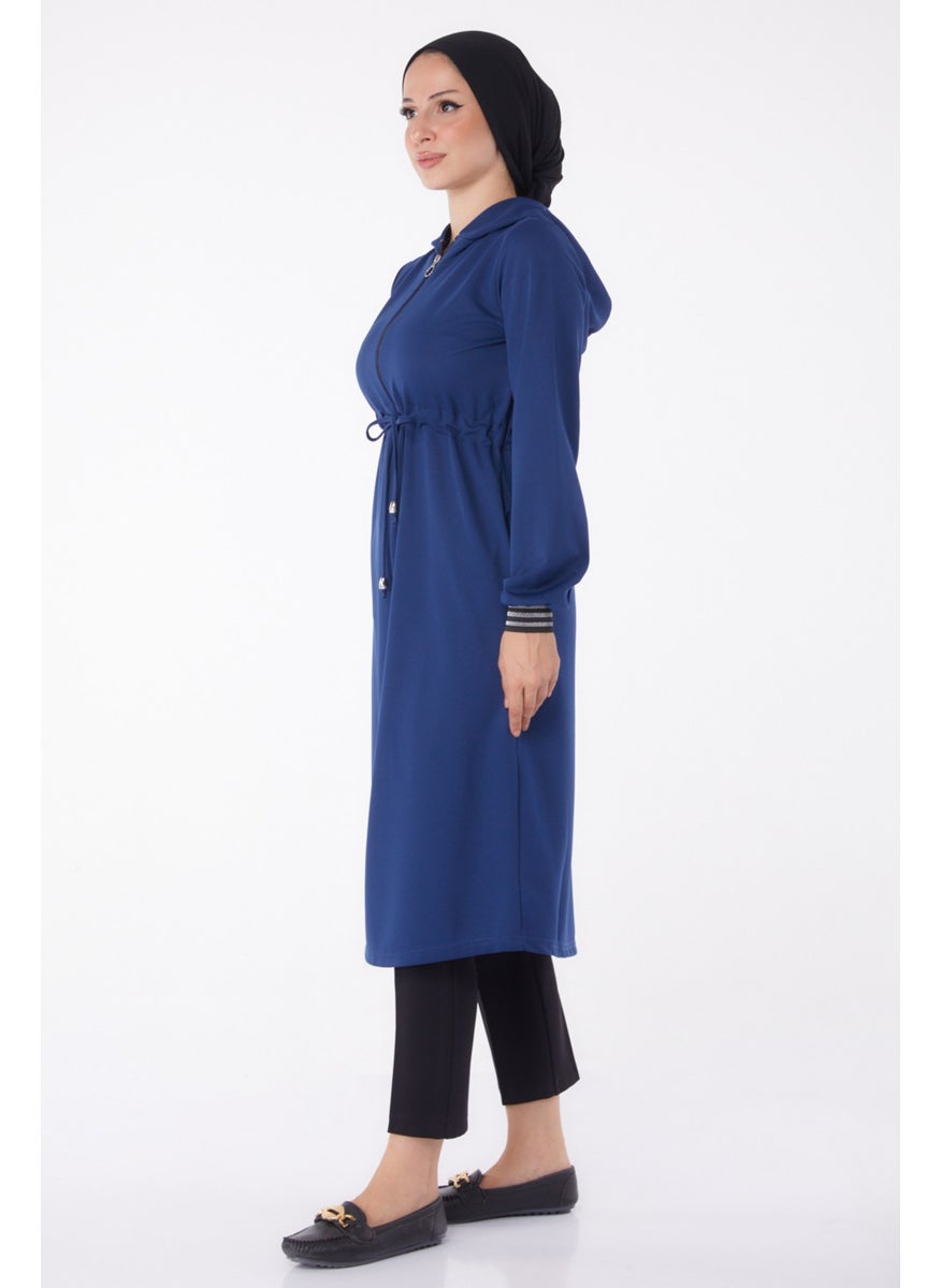 Plain Hooded Collar Women's Navy Blue Coat - 13050