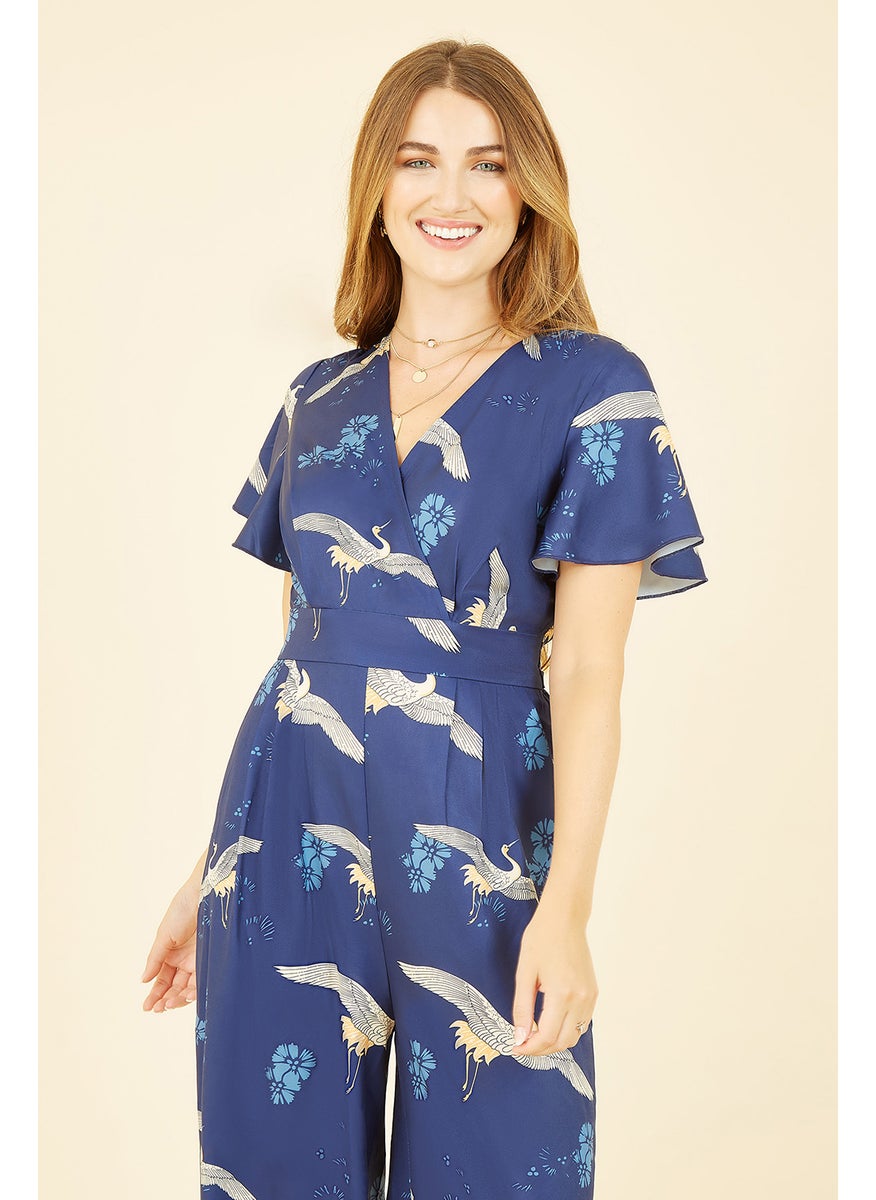 Crane Print Angel Sleeve Jumpsuit