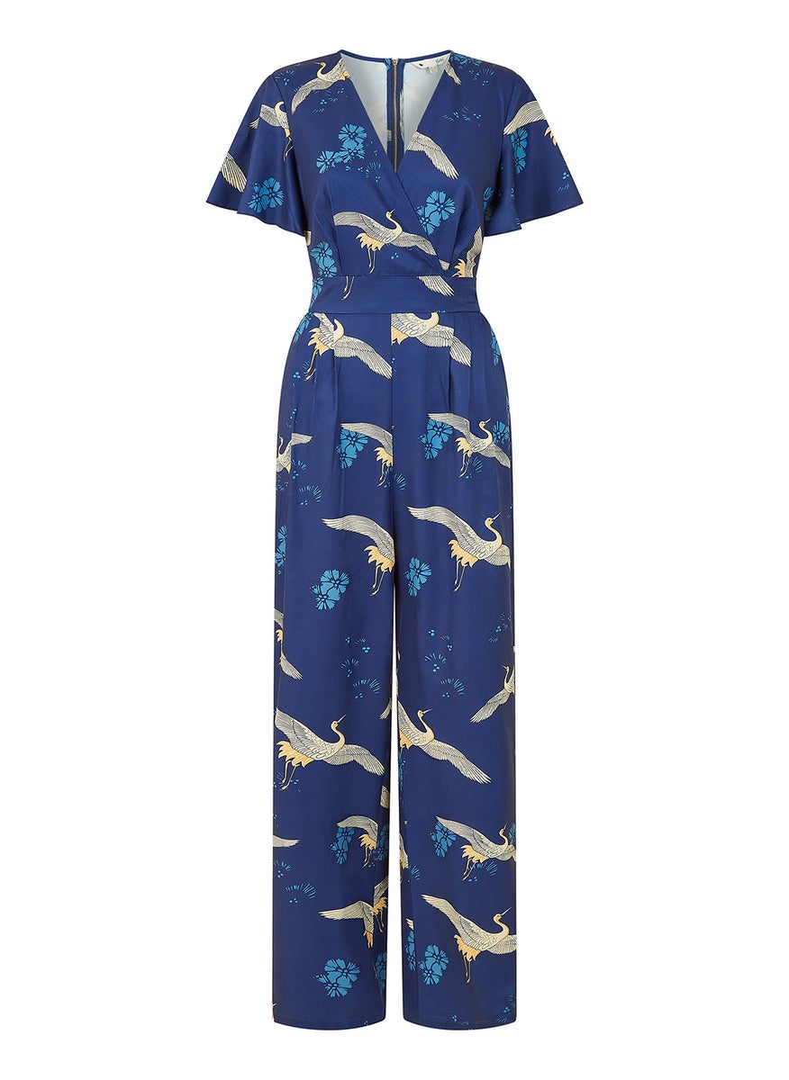 Crane Print Angel Sleeve Jumpsuit