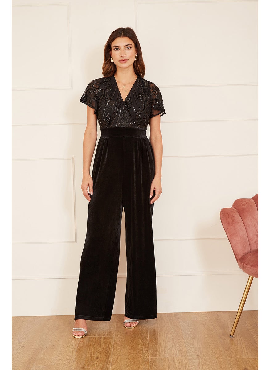 Sequin Embellished Velvet Jumpsuit With Angel Sleeves