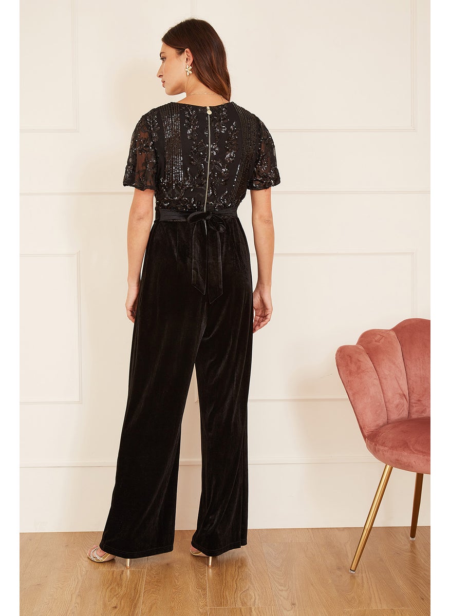 Sequin Embellished Velvet Jumpsuit With Angel Sleeves