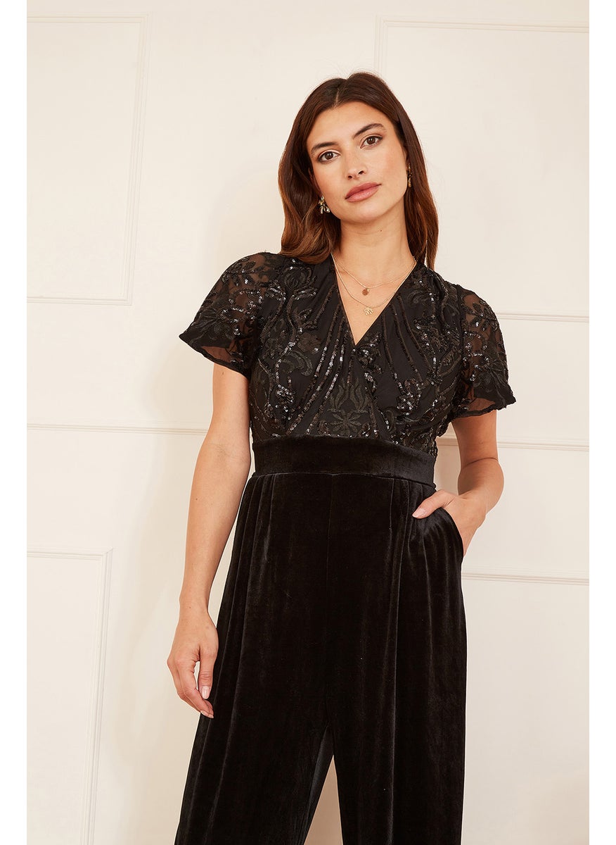 Sequin Embellished Velvet Jumpsuit With Angel Sleeves