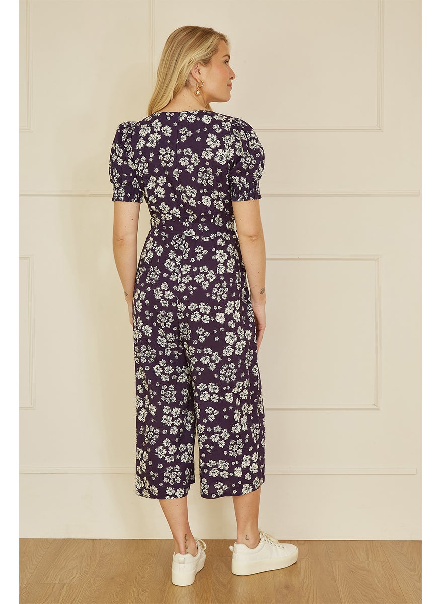 Floral Jumpsuit With Ruched Sleeves