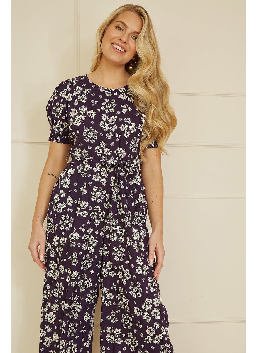 Floral Jumpsuit With Ruched Sleeves