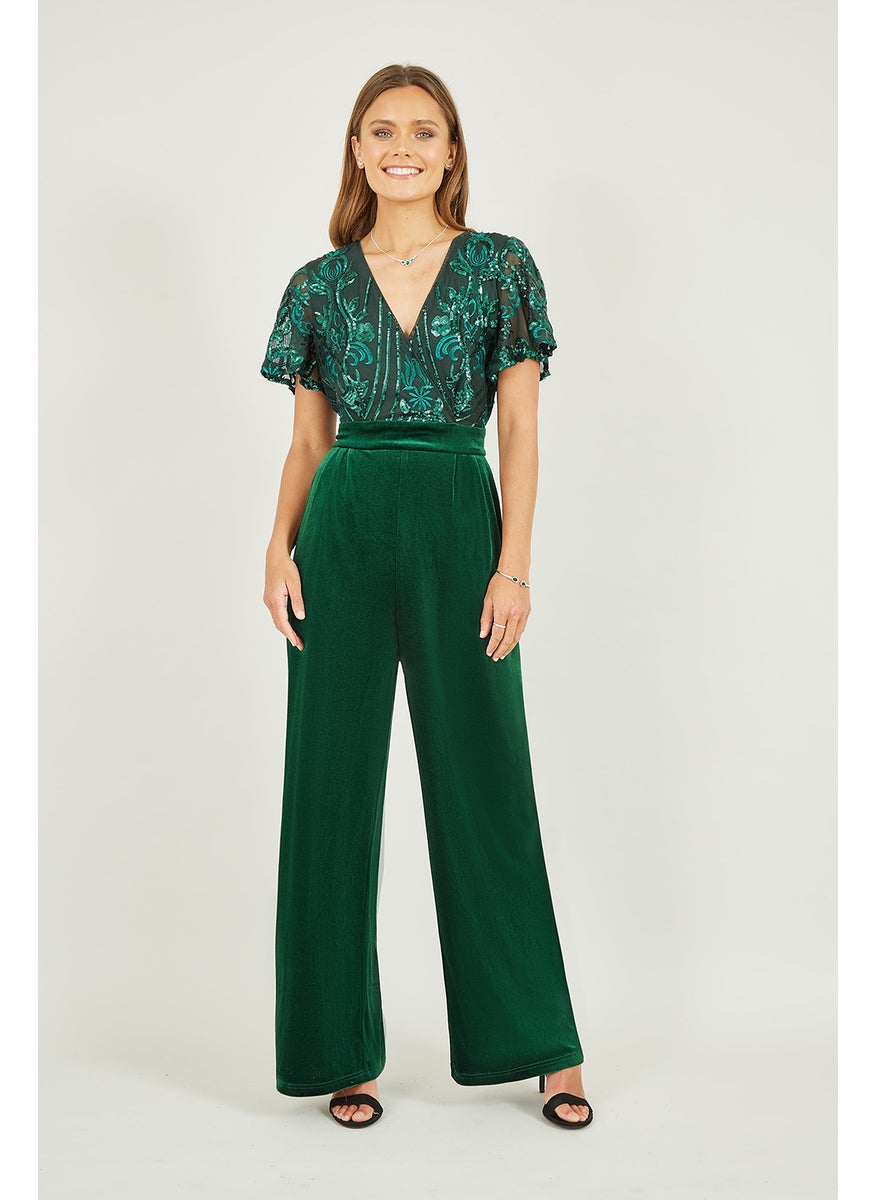 Sequin Embellished Velvet Jumpsuit With Angel Sleeves