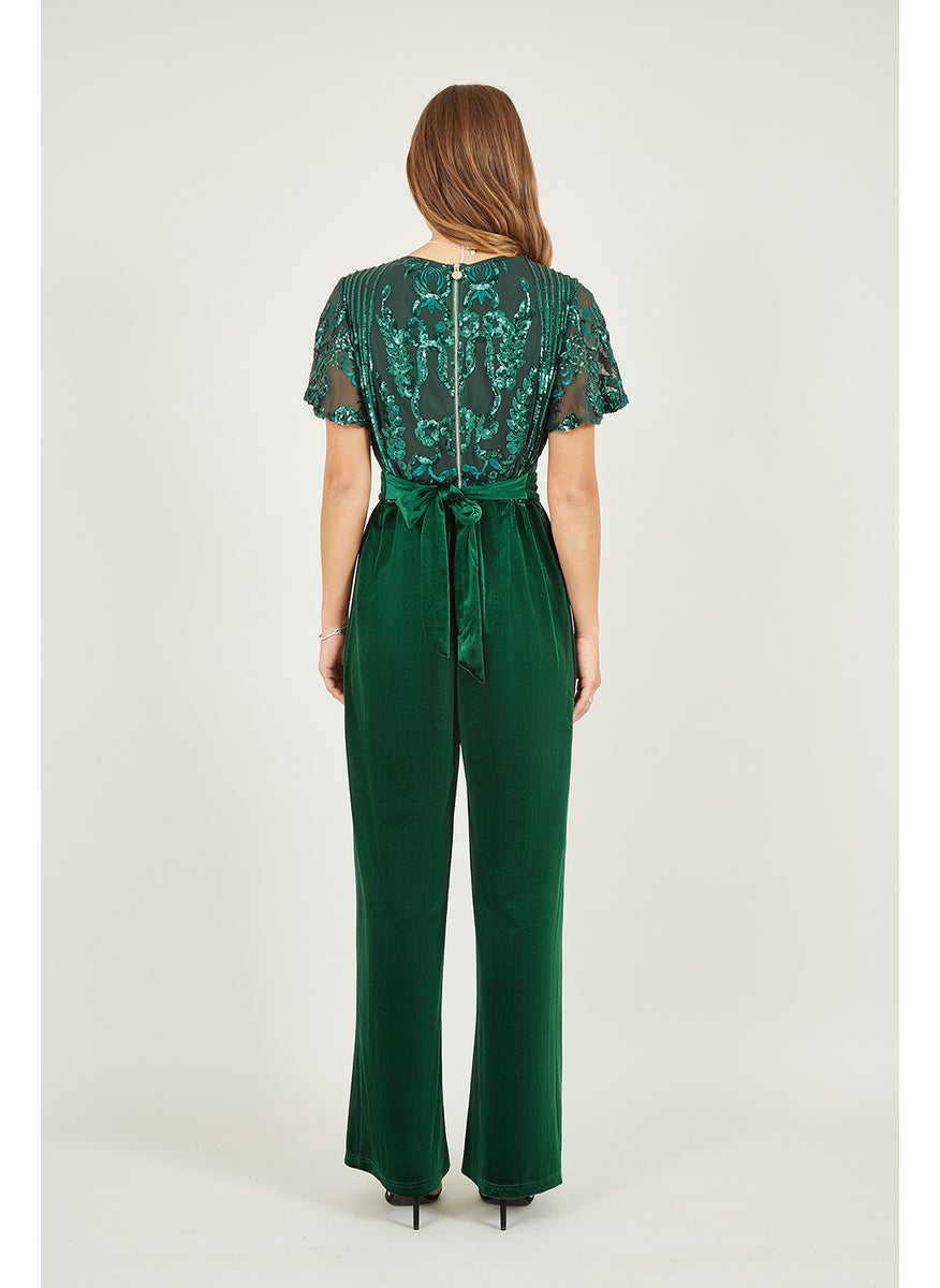 Sequin Embellished Velvet Jumpsuit With Angel Sleeves