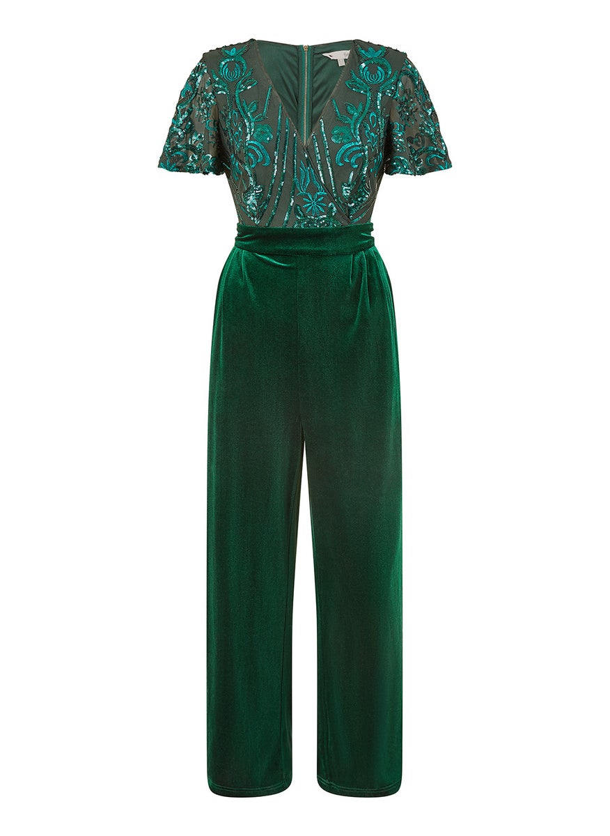 Sequin Embellished Velvet Jumpsuit With Angel Sleeves