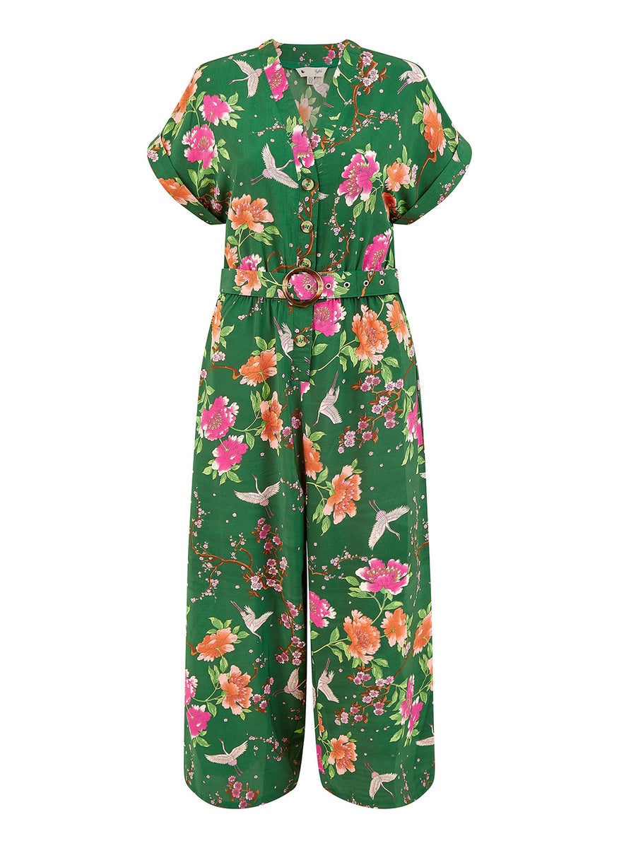 Recycled Crane Print Jumpsuit With Matching Belt