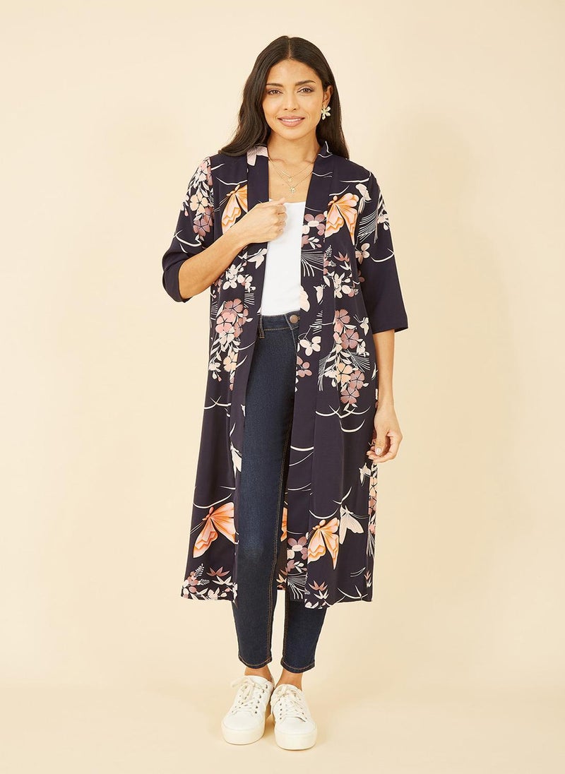 Satin Butterfly Print Long Kimono