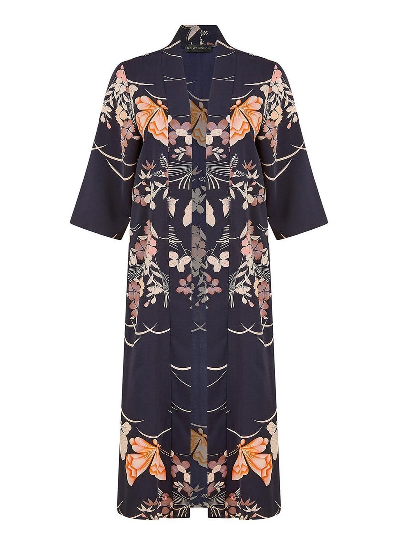 Satin Butterfly Print Long Kimono