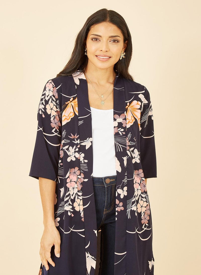 Satin Butterfly Print Long Kimono