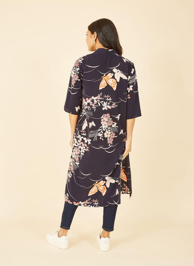 Satin Butterfly Print Long Kimono